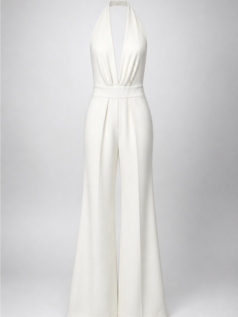 Fashion Nova Halter Plunging Wide-Leg Jumpsuit in Ivory